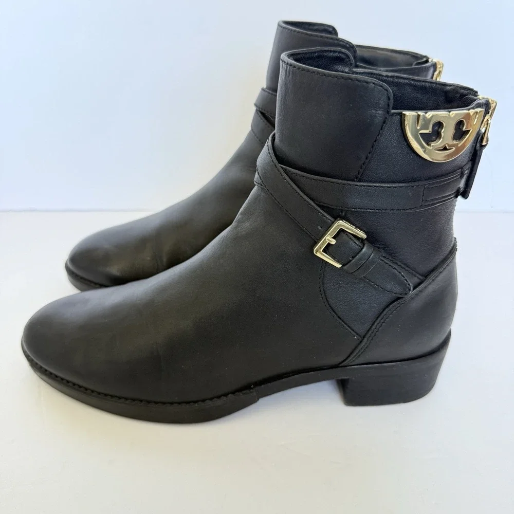 Tory Burch Sidney Women's Size 6M Leather Ankle Booties Black Gold Logo Harness